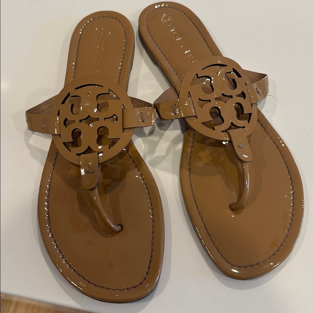 Tory Burch Miller Sandals Patent Tan Size 12 Sand